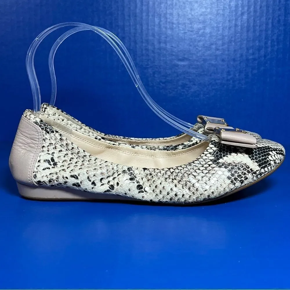 Cole Haan Tali Bow Snake Print Leather Ballet Flats Natural Roccia Womens‎ 6B